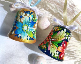 Ukrainian Folk Art Bell Ornament – Wooden Hand-Painted Christmas Decoration, Petrykivka Style