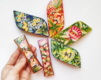 Petrykivka painting Floral Hair Clips - Rustic Boho Wedding Hair Accessories - Handmade Jewelry for Bride