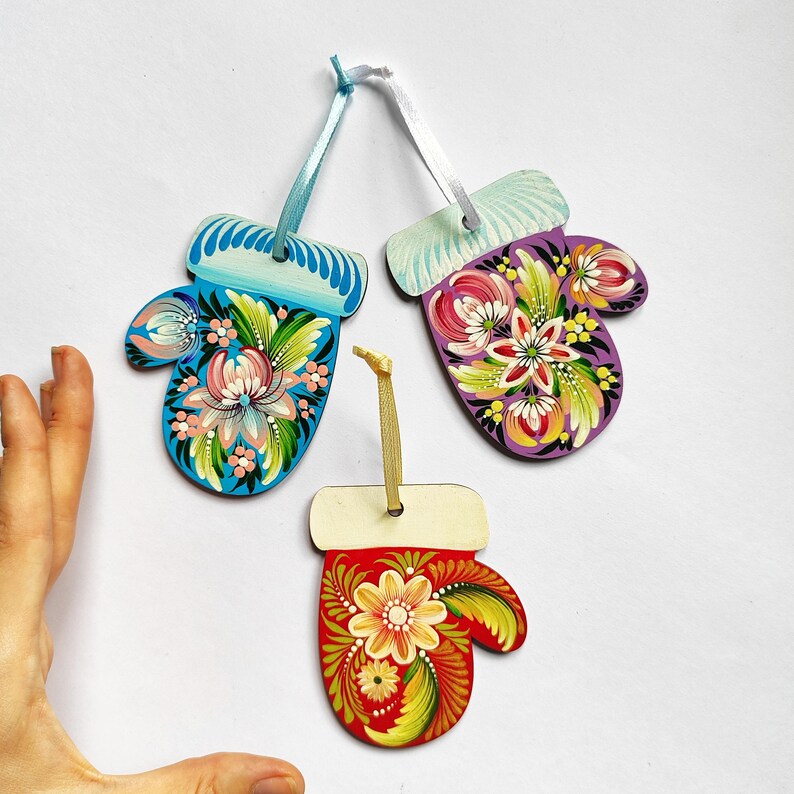 Gloves With Ornament Christmas Wooden Decor, With Ukrainian Ornament