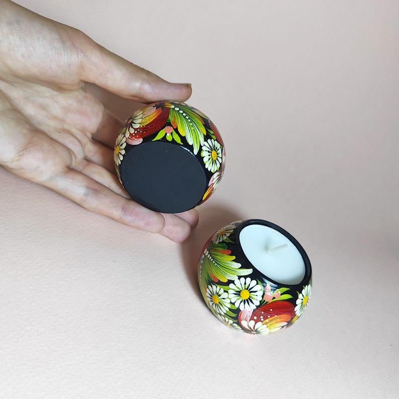 Set Floral Wooden Candle Holders With Petrykivka Painting for Tea