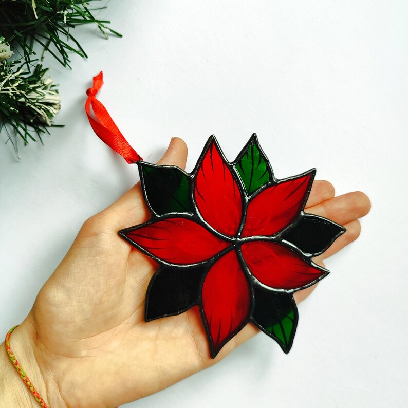 Stained Glass Poinsettia Christmas Glass Tree Decoration, Christmas