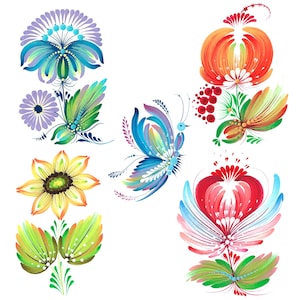 May include: A collection of colorful, hand-painted floral and butterfly designs. The artwork features a variety of flowers in shades of blue, yellow, red, and green, along with a blue butterfly. The style is reminiscent of folk art.