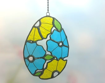 Suncatcher. Stained glass. Easter egg. Ukrainian art. Light catcher, Spring, Hare with flowers,  Easter bunny decor, Handmade