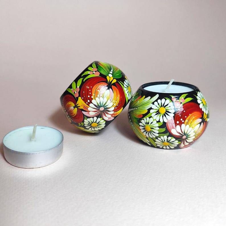 Set Floral Wooden Candle Holders With Petrykivka Painting for Tea