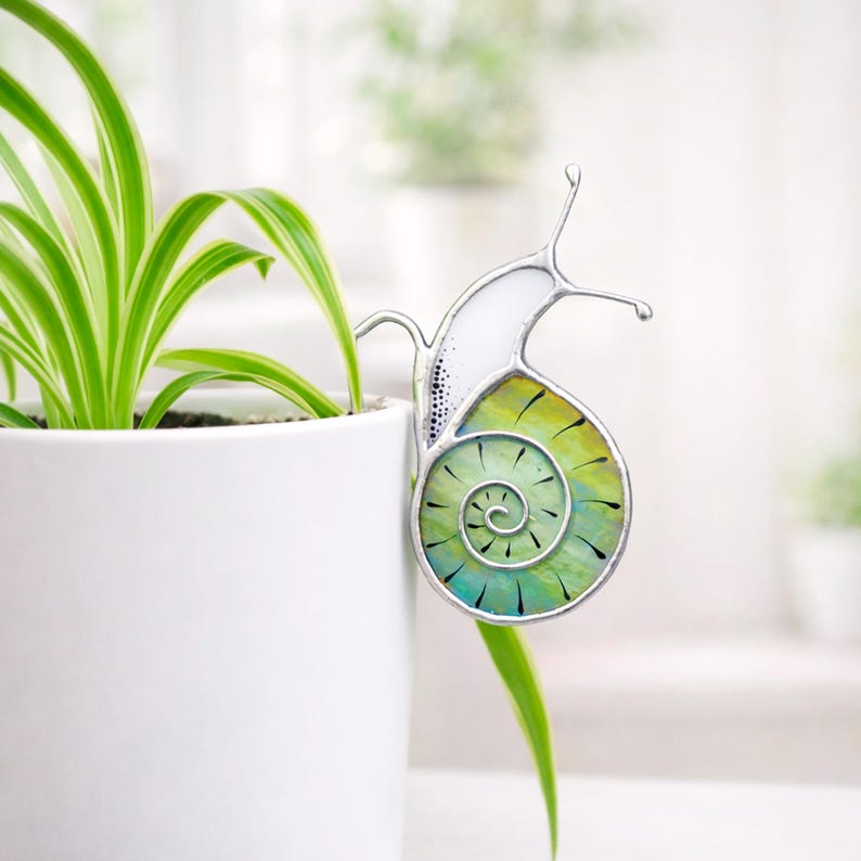 Stained Glass Snail Plant Stake, Iridescent Green Shell Garden Decor ...
