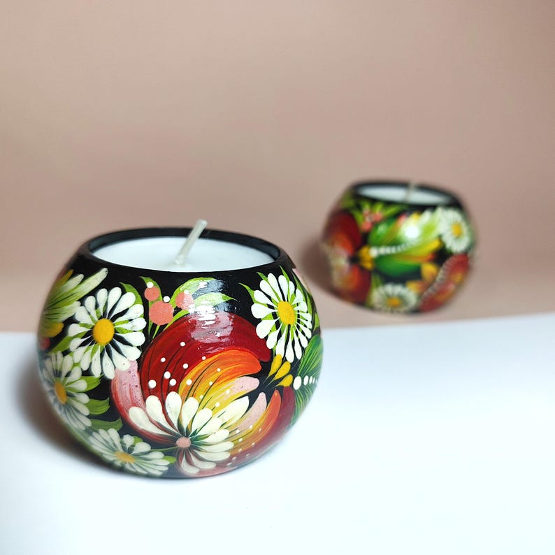 Set Floral Wooden Candle Holders With Petrykivka Painting for Tea