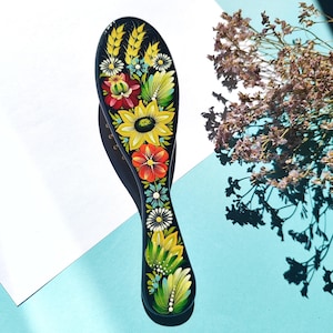 Wooden Hair Brush With Flower Print In Style Of Ukrainian Folk Art, Handmade Hair Accessory, unique gift for mom or sister