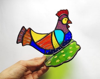 Suncatcher, Chicken Decor, Easter chicken, stained glass bird, Light catcher, Easter, Spring, Stained glass window, Handmade. Glass decor.