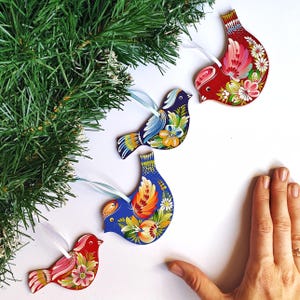 Handpainted Wooden Bird Christmas Ornament | Festive Red Floral Decoration