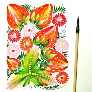 May include: A hand-painted folk art design featuring red strawberries, green leaves, and pink and orange flowers. The design is painted on a white background and is framed by a thin black line.