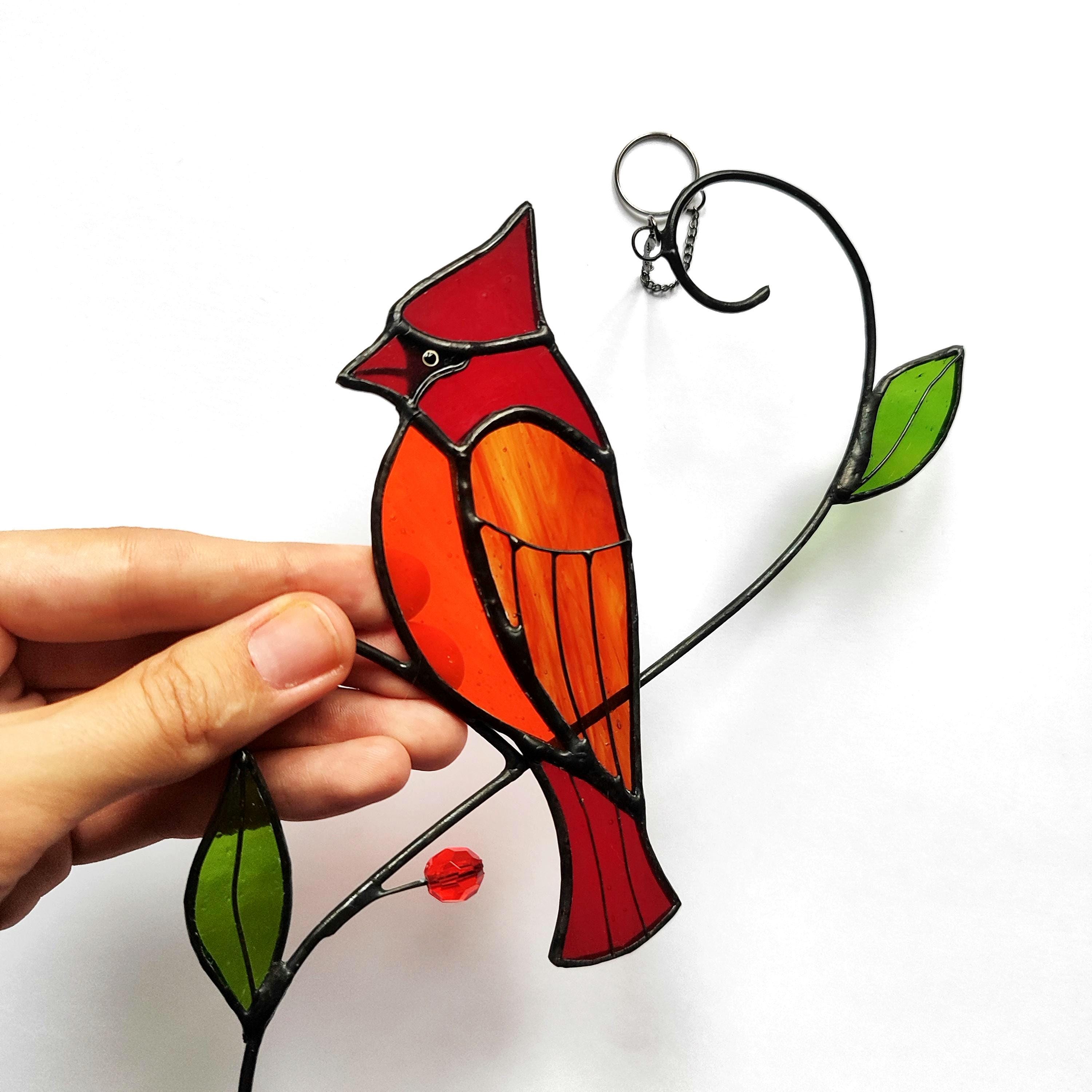Stained Glass Red Cardinal Bird Suncatcher - Cardinal Bird Seasonal Decor For Window, Handmade Gift for Sister