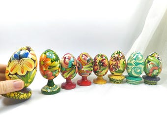 Painted Wooden Easter Egg Ornaments, Ukrainian Handmade Pysanky Easter Eggs
