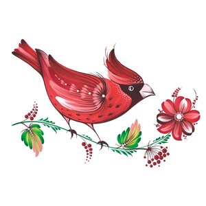 Love You DIGITAL Baixar cartão com pássaro cardeal, saudação feita à mão para seu ente querido, na técnica de pintura Petrykivka Lovebird rosa