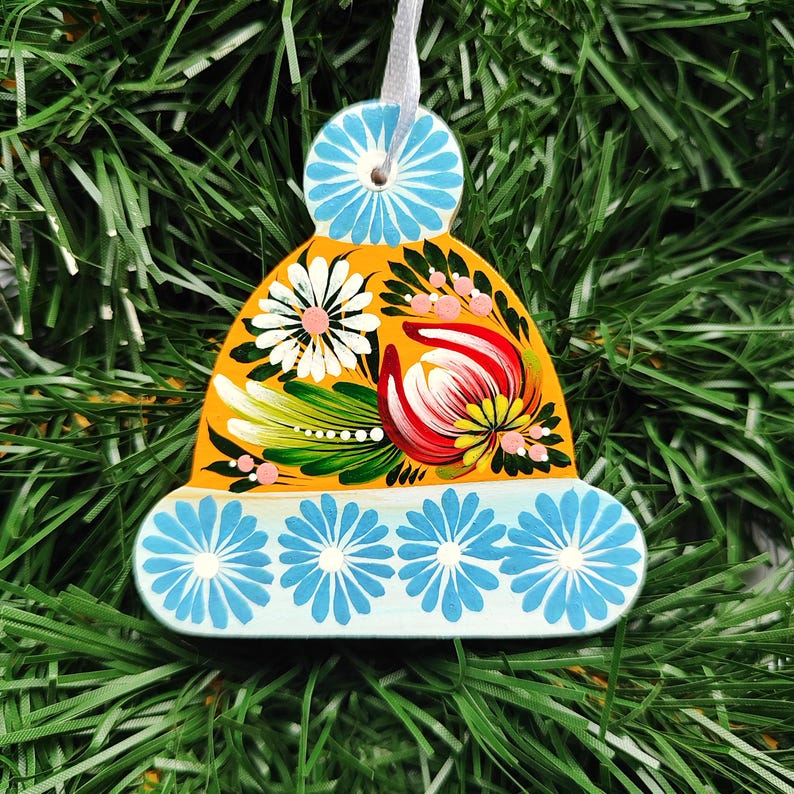 Christmas Tree Decor Color Pom Pom Hat Handcrafted Ukraine Ornament