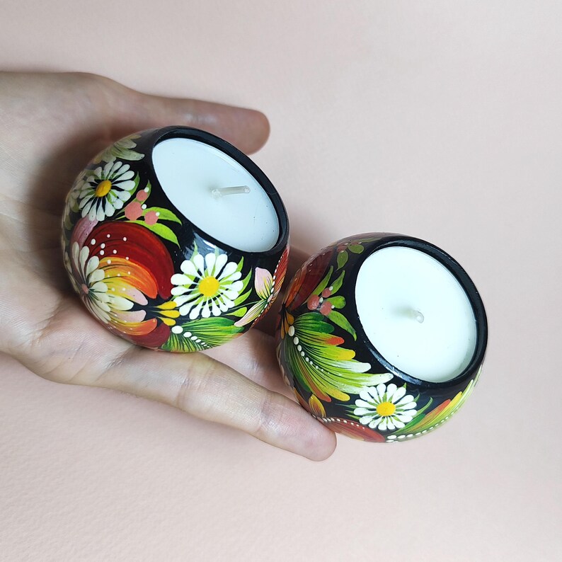 Set Floral Wooden Candle Holders With Petrykivka Painting for Tea