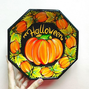 Hand-Painted Pumpkin Wooden Plate. Halloween Kitchen Decor