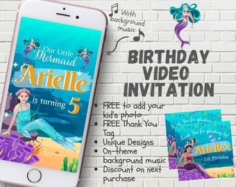 Invitaciones de video de Sirenita, Sirenita de cumpleaños, Bajo el mar, Cola de Sirena, Sirenas e invitaciones de tiburón, Ariel, Pool Party