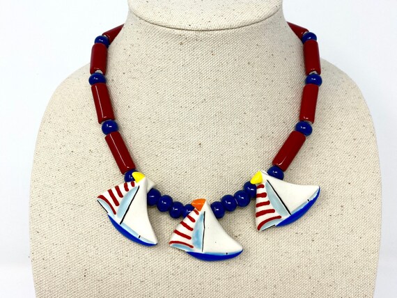 Vintage Flying Colors Necklace Ceramic Sailboats,