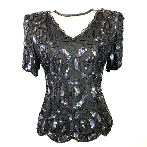 Laurence Kazar Vintage Top Black Sequins, Embellis