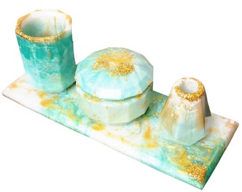 Handcrafted Resin Bathroom Organizer: Gold Trim Vanity Decor