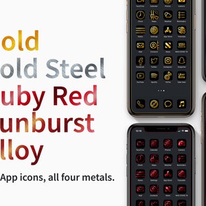 140 Metal iOS App Icon Pack | All Four Metals | Gold/Cold Steel/Ruby Red/Sunburst Alloy | Charcoal Grey Wallpaper Bordered In Each Metal