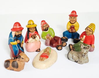 Vintage peruanische Volkskunst Krippe Set 8-teiliges handbemaltes Terrakotta-Set