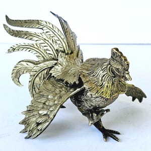 Vintage Solid Brass Silver Plated Fighting Cockerel Rooster Sculpture -  M532.3