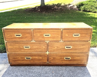 Vintage MCM Campaign Wood Dresser 7 Drawers Bronze Accents Dovetail Drawers