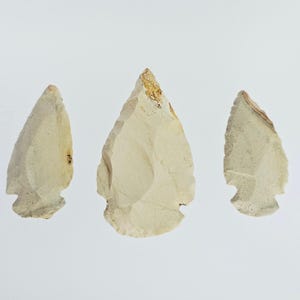 Könnte beinhalten: Drei hellbeige Pfeilspitzen aus Stein mit abgeplatzten, strukturierten Oberflächen und spitzen Enden. Jedes Stück weist eine ausgeprägte eingekerbte Basis und eine spitz zulaufende, dreieckige Form auf, die natürliche Farbvariationen zeigt.