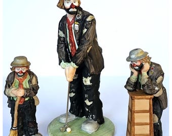 Colección Flambro de Emmett Kelly Jr., paquete de tres figuras de payaso de porcelana, 1625