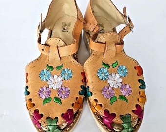 Sandali Huarache per bambini senza marchio, in pelle marrone con ricami floreali, stile boho, taglia 1