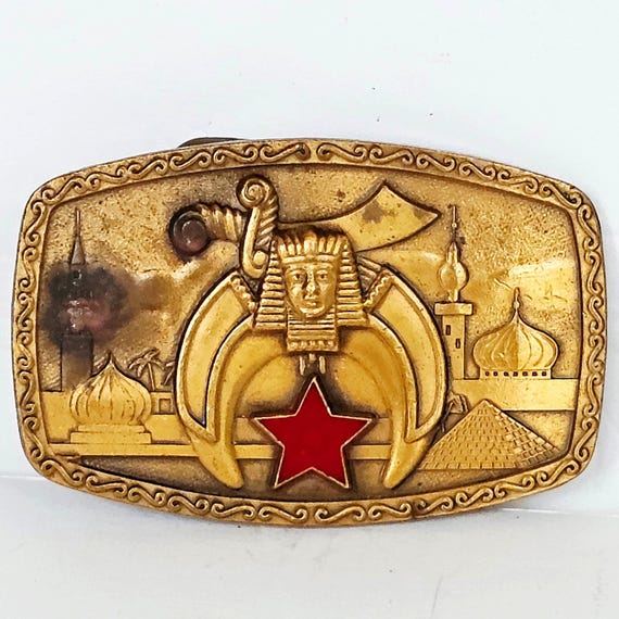 1981 Harry Klitzner Co Shriners Masonic Belt Buckle Brass Tone Red Star Vintage