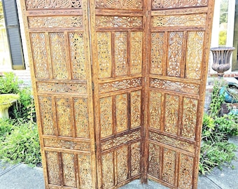 Vintage Boho Teak Handcarved Room Divider 3 Panels Amazing Detail Stunning Piece