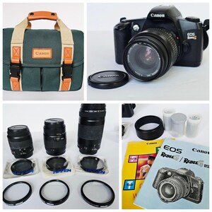 May include: A Canon EOS Rebel G camera with a lens, a green canvas carrying bag with tan straps, three additional lenses, three Tiffen filters, a lens hood, three film canisters, and a Canon EOS Rebel G instruction manual with a cover illustration.
