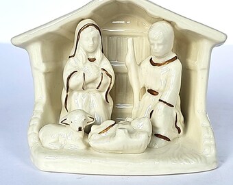 Mini porseleinen kerststal kerstbeeld goud Jezus Joseph Maria lam 1643
