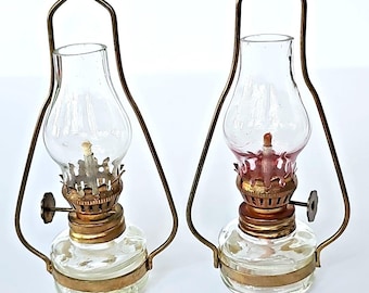 Set Of 2 Vintage Miniature Oil Hurricane Lamps Kerosene Decorative Brass 1745
