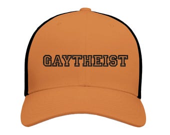 Gaytheist bestickte Trucker-Mütze - Lustiges atheistisches Geschenk, LGBTQ+ Pride Cap, Weltlicher Humor Mesh Snapback, einzigartiger Pride Statement Hut