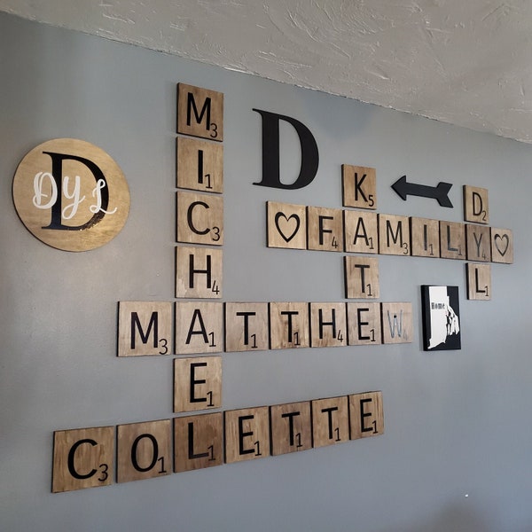 Large wooden Scrabble family name tiles wall hanging