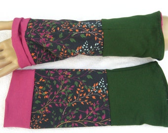 Pulse warmers, cuffs, patchwork, double sewn, green, pink, colorful, autumn grasses