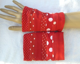 Patchwork Cuffs Arm Cuffs Pulse Warmer Red White Dots Dab Toadstool Double Layered