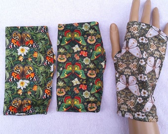 William Morris, Art Nouveau, Sport Lycra, neurodermatitis, eczema, puños ligeros, orificio para el pulgar, guantes sin dedos, puños de verano mariposa