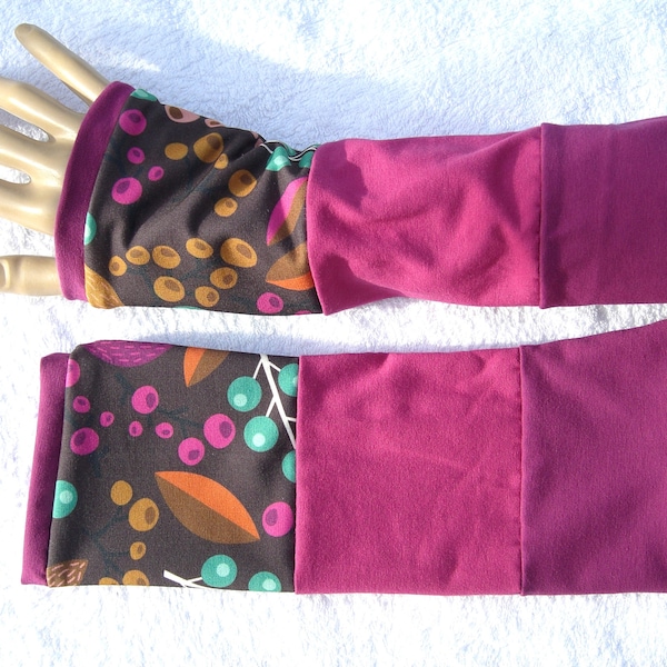 Pulse warmers, cuffs, patchwork, jersey by HHL - Hamburger Liebe Fuchsia-brown-green-orange, inside Fuchsia uni