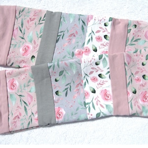 Patchwork cuffs arm warmers wrist warmers pink grey white roses flowers long double layered