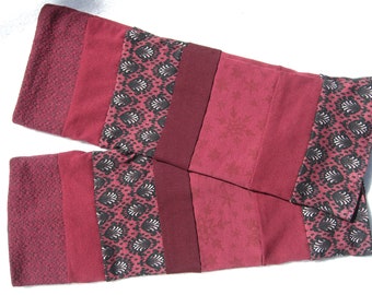 Patchwork cuffs wrist warmers red bordeaux black double-layered long