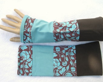 Pulse warmers, cuffs, patchwork, turquoise, brown, double sewn, flowers, Art Nouveau