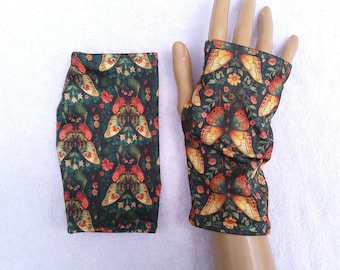 William Morris, Art Nouveau, Sport Lycra, neurodermatitis, eczema, light cuffs, thumb hole, fingerless gloves, summer cuffs butterfly