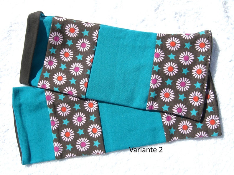 Wrist warmers, cuffs, patchwork, double stitched, retro, flowers, turquoise, brown Variante 2
