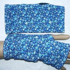 Forget-me-not, organic cotton, wool, fingerless gloves, cuffs thumb hole, violet, blue, light blue, turquoise