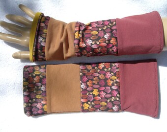 Patchwork Pulse Warmer Cuffs Autumn Foliage Mustard purple pink, double-layered