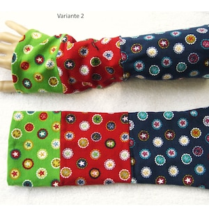 Wrist warmers, cuffs, patchwork, colorful, ornaments, green, red, blue, inside dark blue jersey, double layer